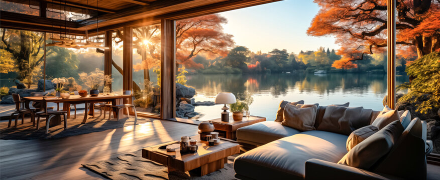 Fototapeta Spacious Tokyo-style interior on the shore of a lake among the jungle. Ecological house .