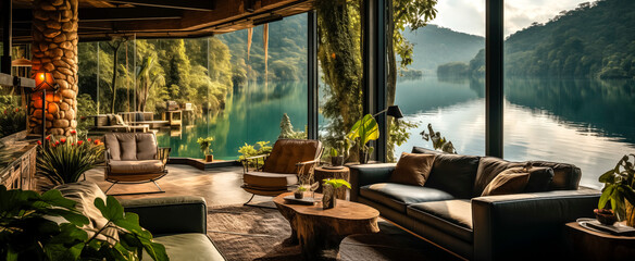 Spacious Tokyo-style interior on the shore of a lake among the jungle. Ecological house . - obrazy, fototapety, plakaty