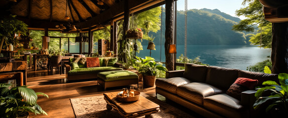 Fototapeta na wymiar Spacious Tokyo-style interior on the shore of a lake among the jungle. Ecological house .