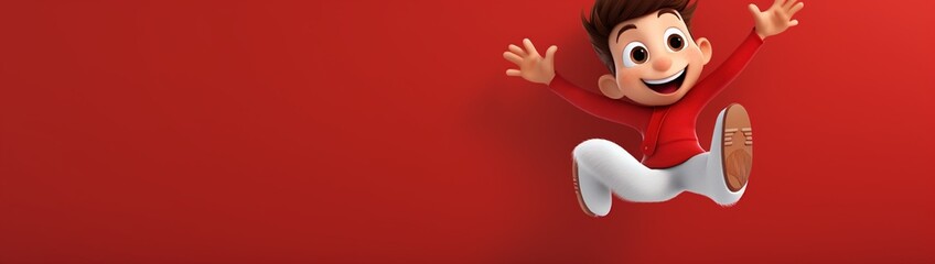A single cartoon character, jumping in the air with enthusiasm, partially hidden behind a blank white sign, offering ample area for advertisements. All this against a red background.