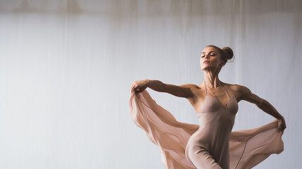 Artistic minimalist portrait of a dancer, mid-motion, clean lines, dynamic pose, muted tones