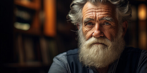 Elderly man’s portrait, rich life experience etched in his wrinkles, twinkling eyes, white beard, warm indoor lighting - obrazy, fototapety, plakaty