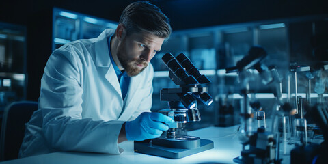 Identity portrait of a scientist in a lab coat, holding a microscope, intelligent eyes, clean lab...