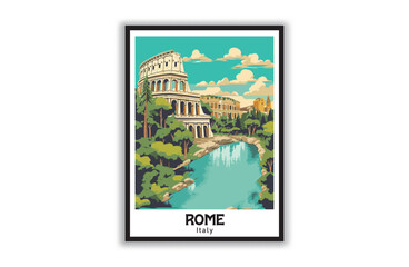 Rome, italy. Vintage National Park Posters, National Park Art Prints Nature Wall Art and Mountain Print Set Abstract Travel for Hikers Campers Living Room Decor. Vector illustration, Design, Colorful