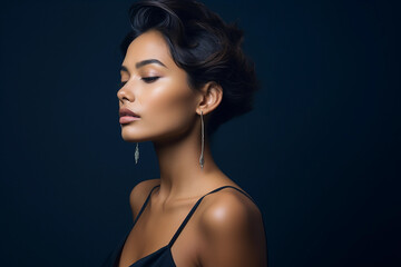 Business Woman, sharp side profile, navy backdrop, minimal jewelry