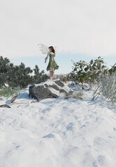 Red Haired Fairy in the Winter Snow, 3d digitally rendered fantasy illustration