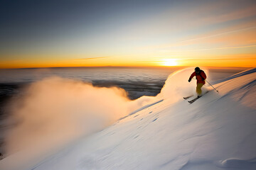 Skier in the mountains in winter. Adventure concept. Panoramic view. Neural network AI generated art