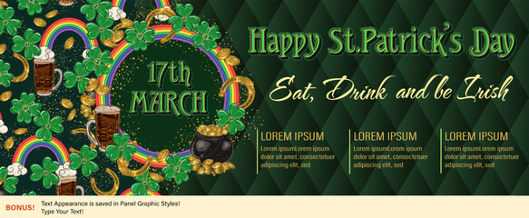 Patricks Day horizontal banner with pot with gold treasures, shamrock leaves, rainbow waves. Layout, template for advert of event with copy space. Header for social media, web sites.