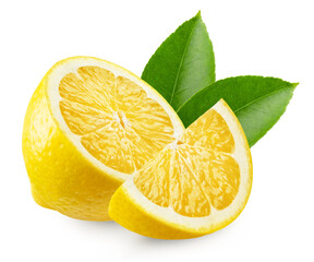Lemon isolated. Half and slice of lemon with leaves on a transparent background. - obrazy, fototapety, plakaty
