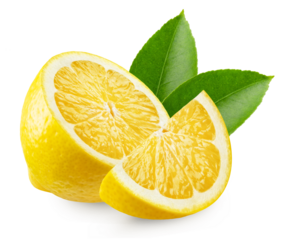 Lemon isolated. Half and slice of lemon with leaves on a transparent background.