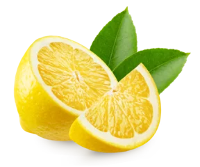 Foto op Plexiglas Lemon isolated. Half and slice of lemon with leaves on a transparent background. © Денис Петровских