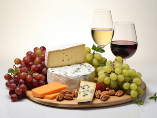 A sophisticated cheese board with assorted cheeses, nuts, grapes, and a glass of red and white wine.