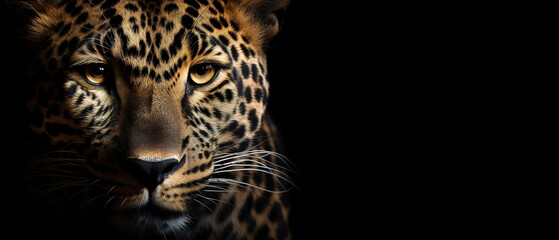 Fototapeta premium Front view of leopard on gray background. Wild animals banner with copy space