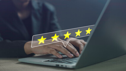 Online satisfaction surveys for customer review concept. Business service feedback rating result on smartphone. Customer use laptop show a five star ranking best ranking. - obrazy, fototapety, plakaty