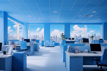 
In a serene blue Monday office, minimalist furniture, soft lighting, and gentle computer screen hues create a tranquil and focused workspace.