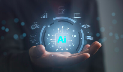 AI analytics for business concept. Artificial Intelligence technology chatbot robot tools analytics...