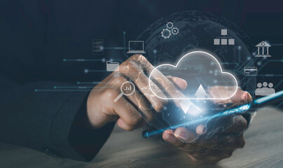 Cloud computing technology concept. System global network cloud business data protection exchange through communication. Banking and financial analysis from digital global networking.