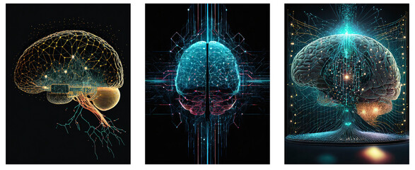 robot brain, technology, futuristic, electrical, set of 3 - obrazy, fototapety, plakaty
