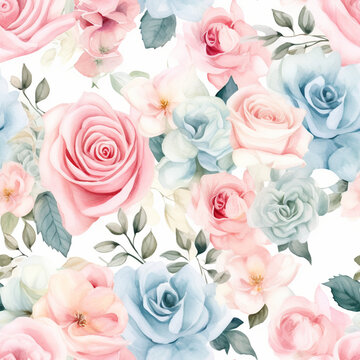 Seamless pattern, Hand drawn watercolor bouquet of roses flowers in pastel colors.