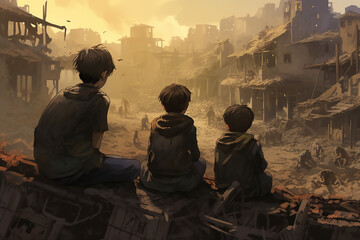 Fototapeta premium Illustration of children sitting on a destroyed city as a victim of war