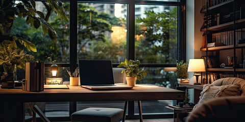 A modern and cozy office workspace with a laptop, stylish decor, and comfortable furniture for productivity.