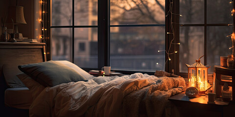 A cozy bedroom, candles, and a warm atmosphere for a relaxing morning. - obrazy, fototapety, plakaty