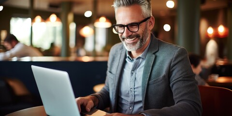 Obraz premium A modern businessman using a laptop, showcasing technology in a cafe, exuding confidence and professionalism.