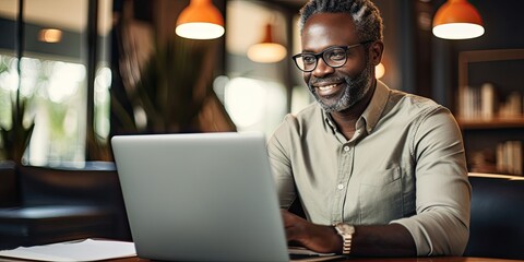 A happy mature black man using a laptop at home, showcasing modern technology and contentment. - obrazy, fototapety, plakaty