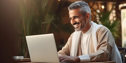 A happy elderly arabian man using a laptop at home, showcasing a positive and confident lifestyle in his 50s.