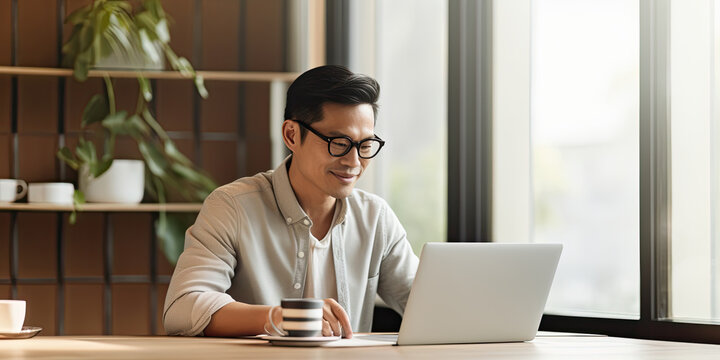 A confident Asian entrepreneur using a laptop at home, embodying professionalism and modern business savvy.