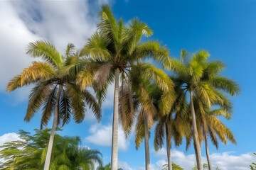 Fototapeta na wymiar palm trees on the seashore. Beautiful topical beach. Neural network AI generated art