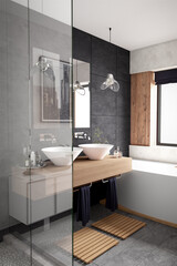 Bathroom a slate floor and walls, a shower, a bathtub, a wooden cabinet with sinks