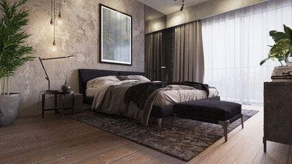 Large modern room with concrete wall, parquet floor, bed, bedside tables, table and plant and dresser
