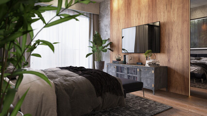 Large modern room with wooden wall, parquet floor, bed, bedside tables, table, plants, dresser and TV