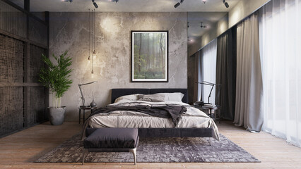 Large modern room with a concrete wall, parquet, a bed, bedside tables, a painting and a plant