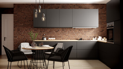 Modern and minimalist black kitchen with brick wall, table, chairs and parquet floor