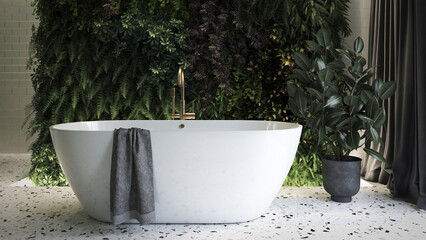 Green and white bathroom with a green wall, terrazzo floor, green and white tiled walls, bathtub, golden faucet
