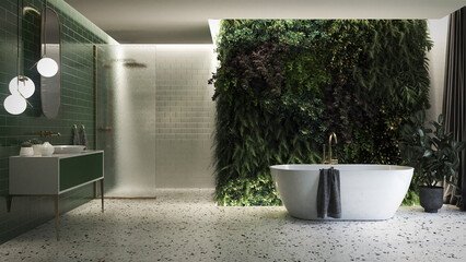 Green and white bathroom with a green wall, terrazzo floor, green and white tiled walls a shower, a...
