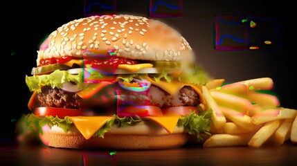 A tasty hamburger with fries, fast food, white background, isolated, generative