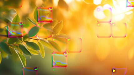 A summer sunset, sunrise background with lush green foliage and orange glow sky with blurred spring bokeh highlights