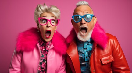 A Playful Elderly Couple wearing Sunglasses and Colourful Mismatched Clothing. A man and woman wearing  sunglasses and fun multicoloured clothing - obrazy, fototapety, plakaty