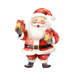 Santa Claus holding gift watercolor transparent background