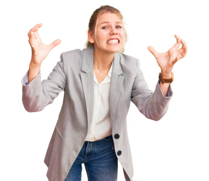 Young beautiful blonde woman wearing elegant jacket shouting frustrated with rage, hands trying to strangle, yelling mad