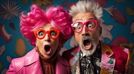 A Vibrant Elderly Couple with Pink Hair and Glasses on a Fun Colourful Background. A man and a woman with pink hair and glasses