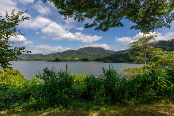 The view of the natural background of the mountain close-up, with blurred fog scattered in the rainy season or the humid climate, with beautiful green trees in the ecological system