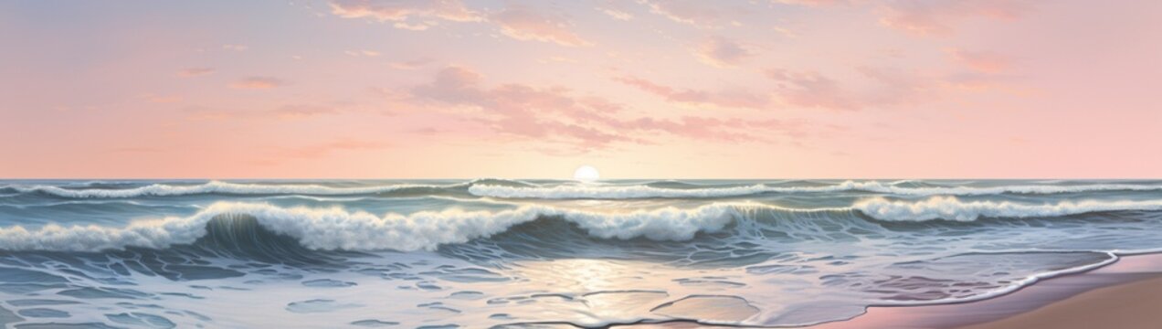 A tranquil beach scene at dawn, where the sun graces the ocean waves, and a vast sky offers significant copy space.