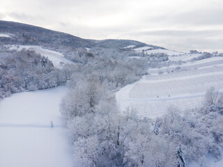 aerial drone flight over beautiful winterwonderland, lower austria, lot of snow