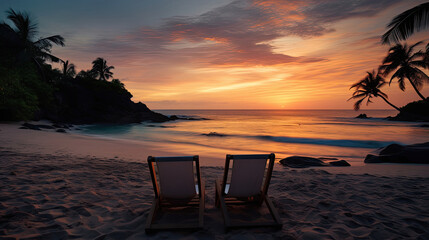 Fototapeta premium Tropical beachside film setting with ocean view and sunset backdrop