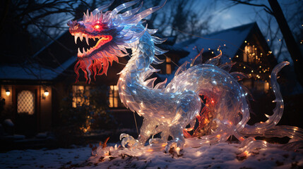 A sparkling dragon-shaped luminescence adorns a wintry garden, crafting a mesmerizing yuletide paradise for a joyous saunter.