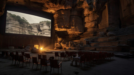 Underground cave cinema with ancient rock formations and warm lighting